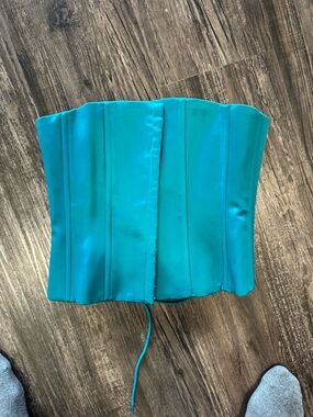 Danielle Guizio Satin Lace-Up Corset Top in Tropical (Teal)